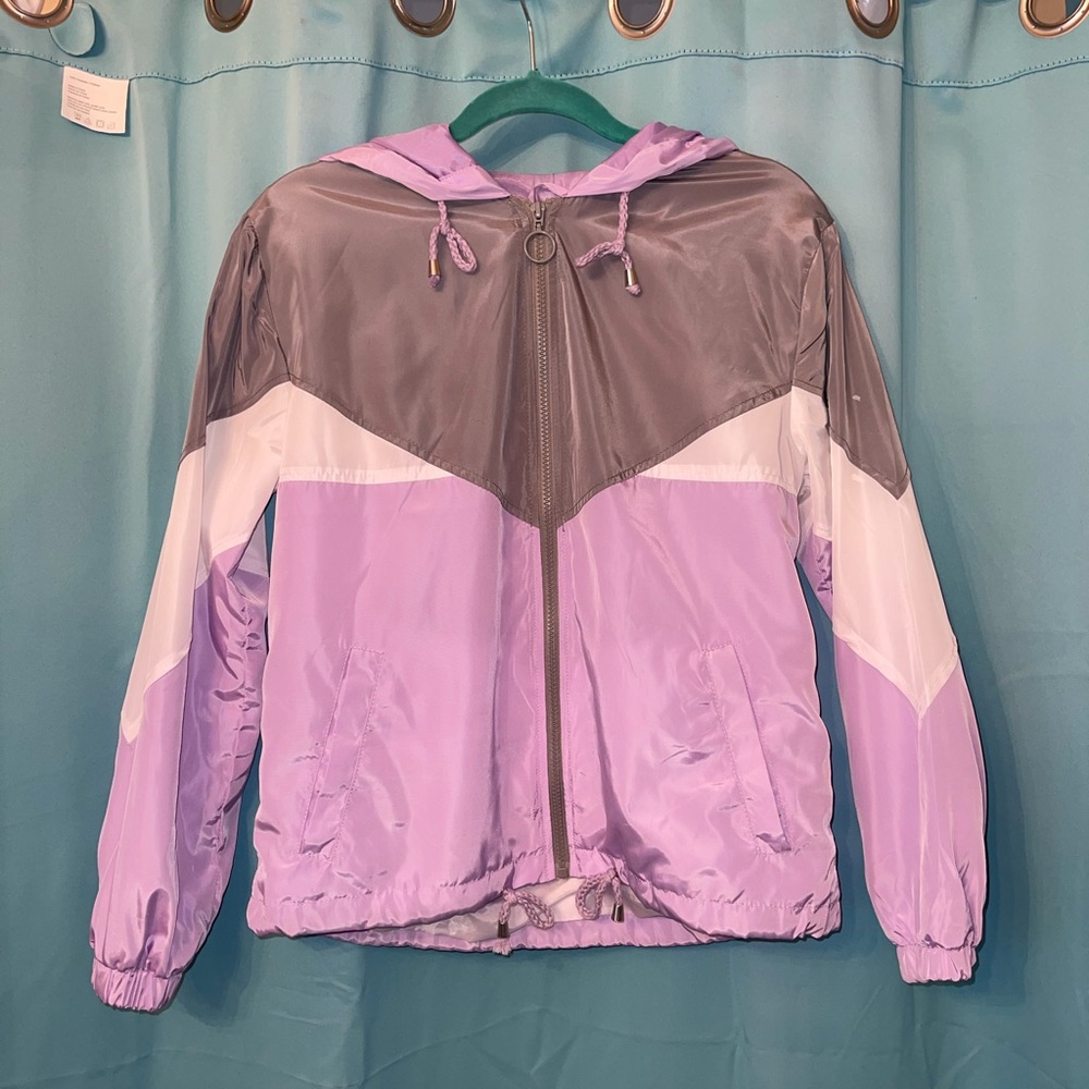Purple, white and grey reflective wind breaker